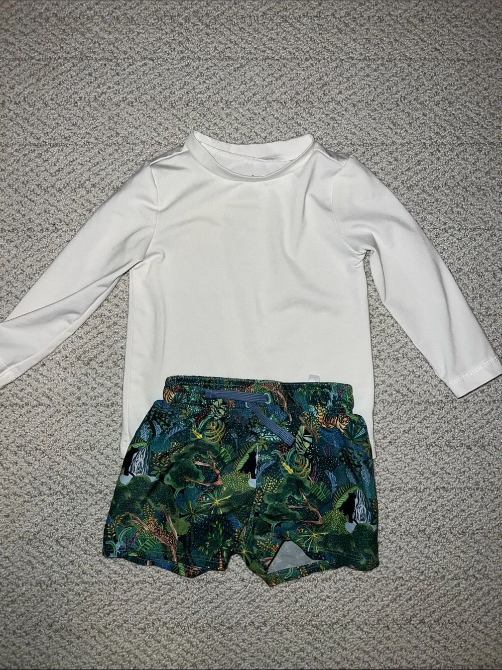 Kids White Long-Sleeve Rash Guard with Green Jungle H&M Swim Shorts